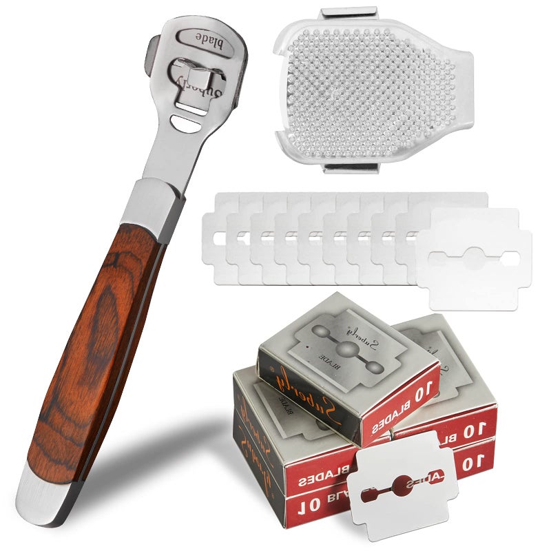 Jutoe 52Pcs Callus Shaver Set 1Stainless Steel Foot Razor Wooden Handle with 50Replacement Slices Blades and 1Foot File Head Foot Care Tools Foot Shaver Callus Remover Hard Dry Skin Remover for Hand Feet - Image 1
